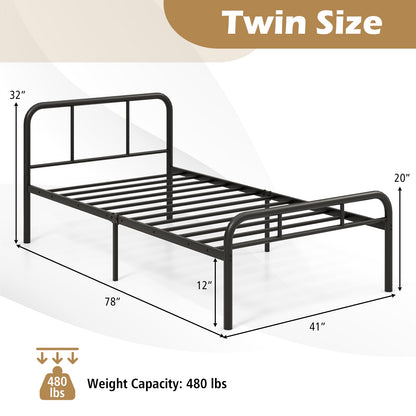 Modern Metal Platform Bed Frame with Headboard and Footboard - Twin Size, Black