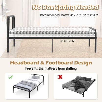 Modern Metal Platform Bed Frame with Headboard and Footboard - Twin Size, Black