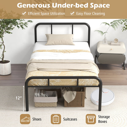 Modern Metal Platform Bed Frame with Headboard and Footboard - Twin Size, Black