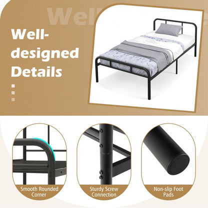 Modern Metal Platform Bed Frame with Headboard and Footboard - Twin Size, Black