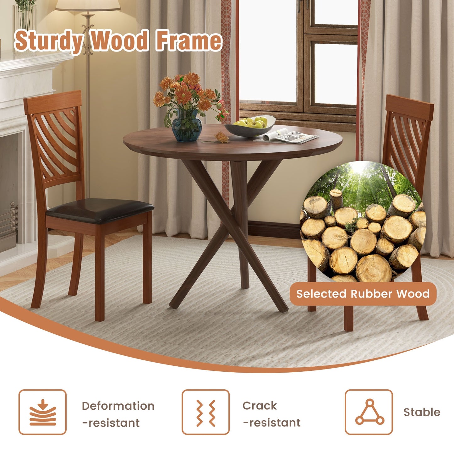 Dining Chairs with Rubber Wood Legs and Ergonomic Curved Backrest, Set of 2