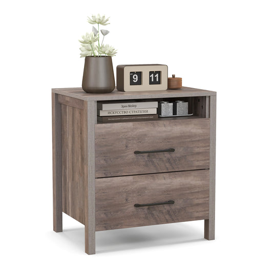 Farmhouse Nightstand with 2 Drawers and Open Storage Shelf Bedside Table