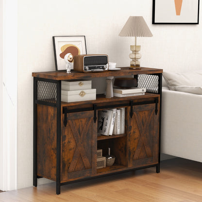 Farmhouse Buffet Sideboard with Sliding Barn Doors Open Shelf and Adjustable Storage