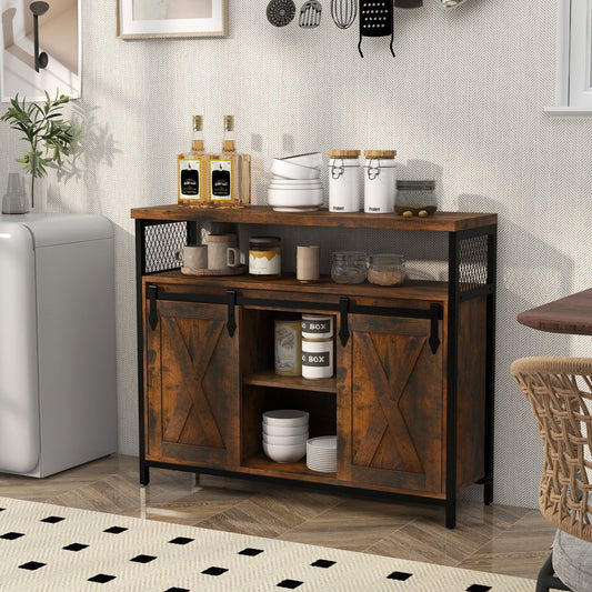 Farmhouse Buffet Sideboard with Sliding Barn Doors Open Shelf and Adjustable Storage