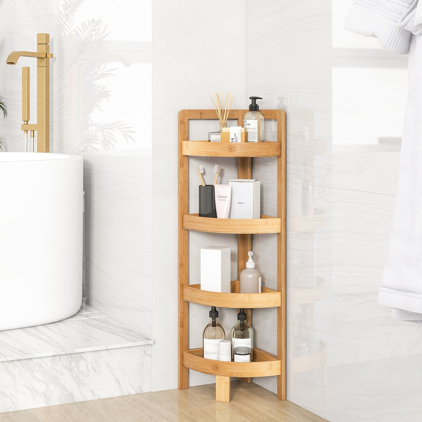 4 Tier Bamboo Corner Shelf Freestanding Storage Organizer for Bathroom & Home