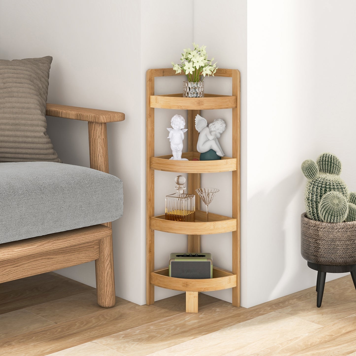 4 Tier Bamboo Corner Shelf Freestanding Storage Organizer for Bathroom & Home