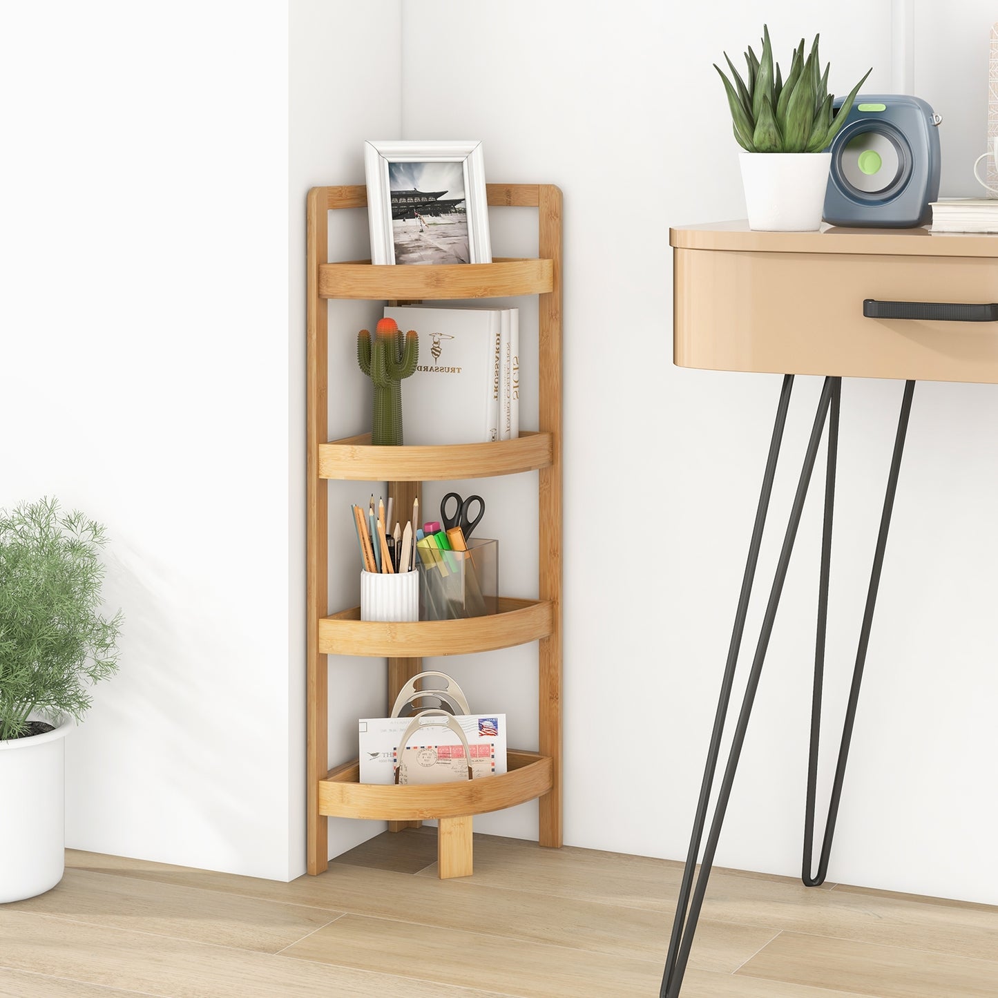 4 Tier Bamboo Corner Shelf Freestanding Storage Organizer for Bathroom & Home