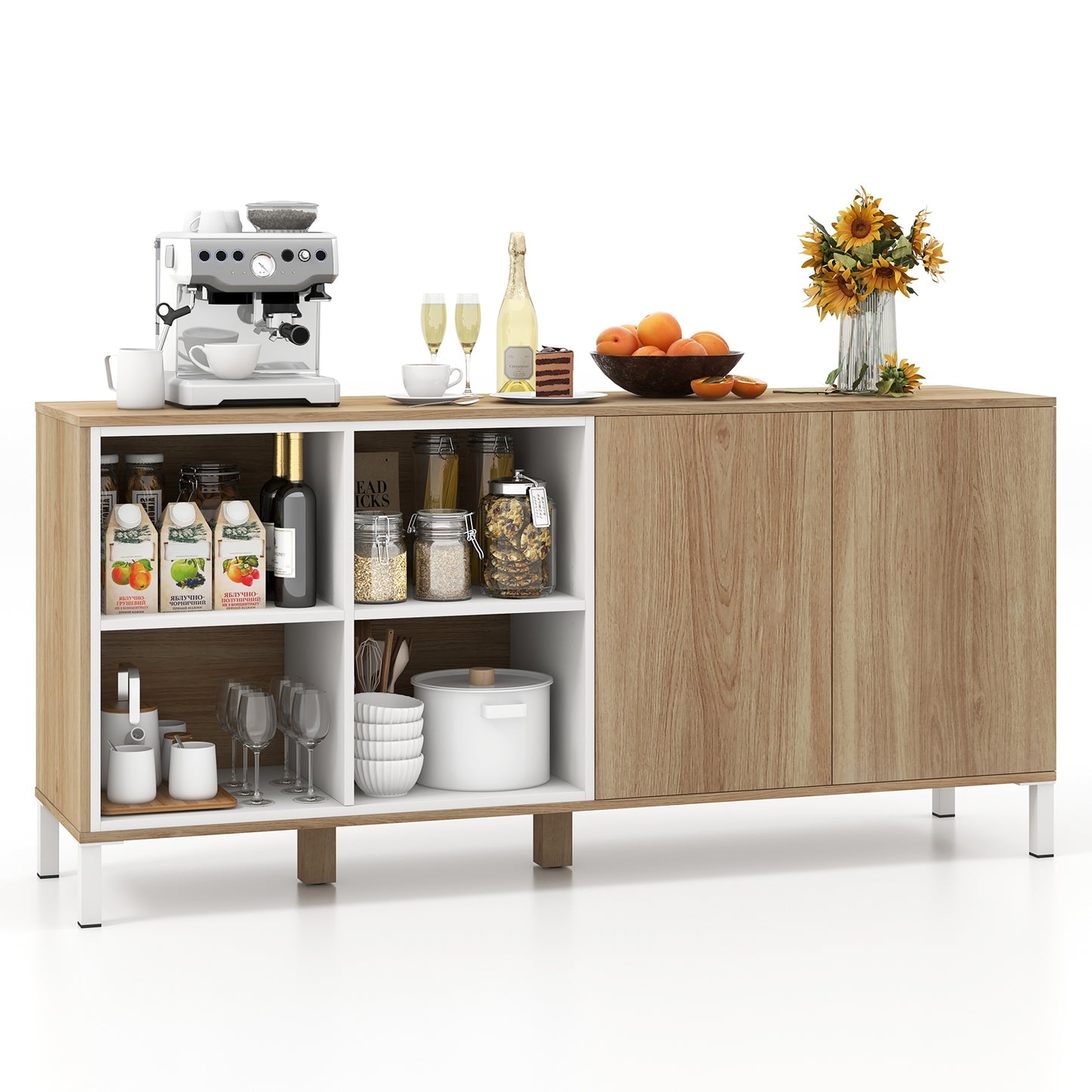 Modern 63" Storage Sideboard with Push-to-Open Cabinets and Adjustable Shelves for Kitchen or Dining Room