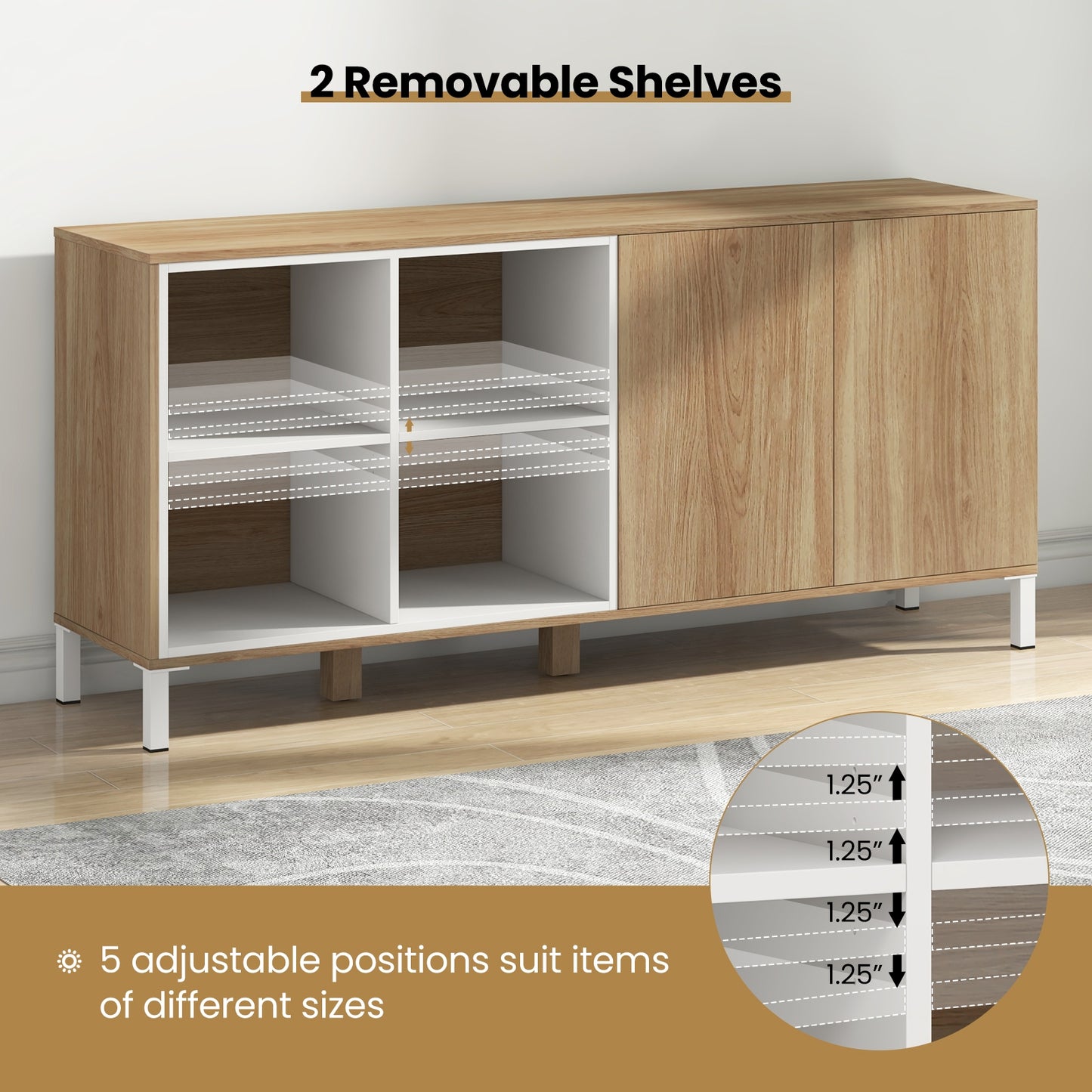 Modern 63" Storage Sideboard with Push-to-Open Cabinets and Adjustable Shelves for Kitchen or Dining Room