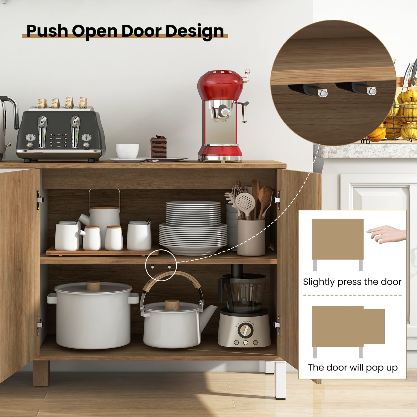 Modern 63" Storage Sideboard with Push-to-Open Cabinets and Adjustable Shelves for Kitchen or Dining Room