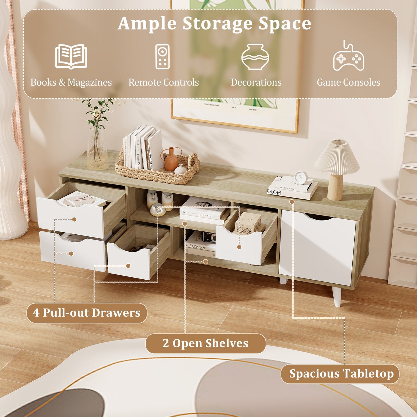 Elegant 55 Inch TV Console with 4 Drawers and 2 Open Shelves for Organized Media Storage