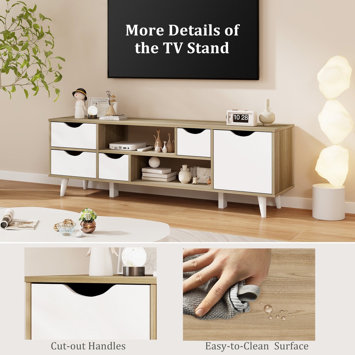 Elegant 55 Inch TV Console with 4 Drawers and 2 Open Shelves for Organized Media Storage