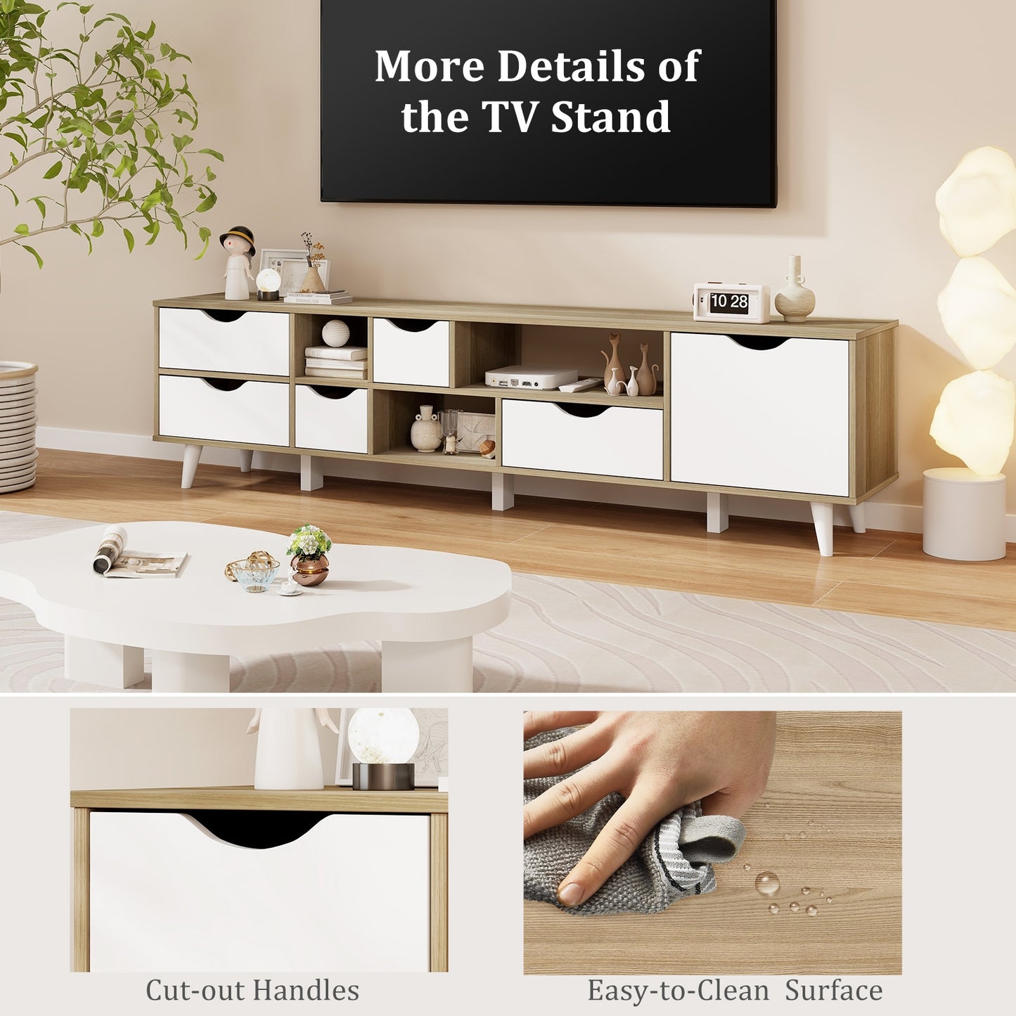 Elegant 65 Inch TV Console with 5 Drawers and 3 Open Shelves for Organized Media Storage