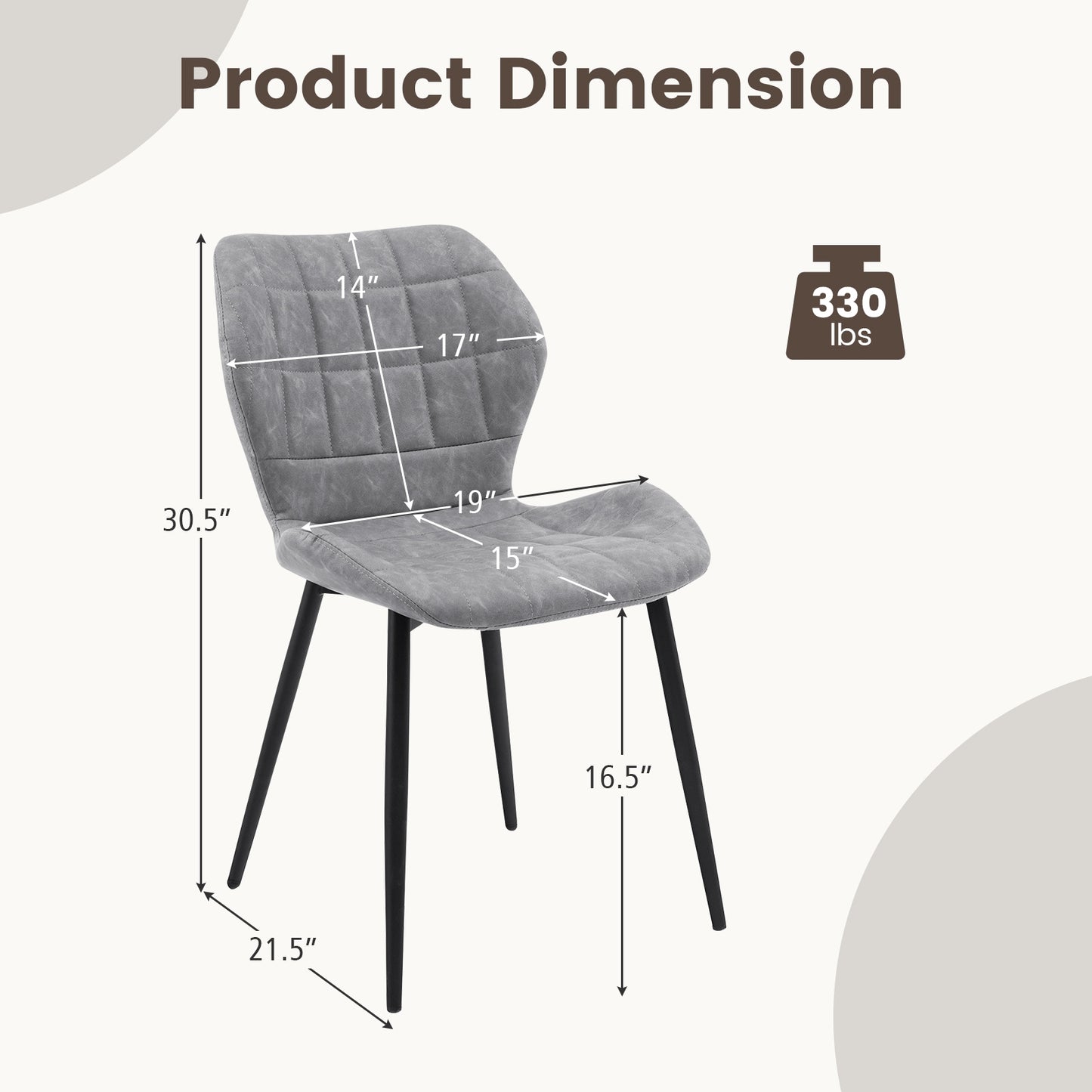 Modern Dining Chairs with Padded Backrest Metal Legs and Adjustable Foot Pads in Grey Set of 2