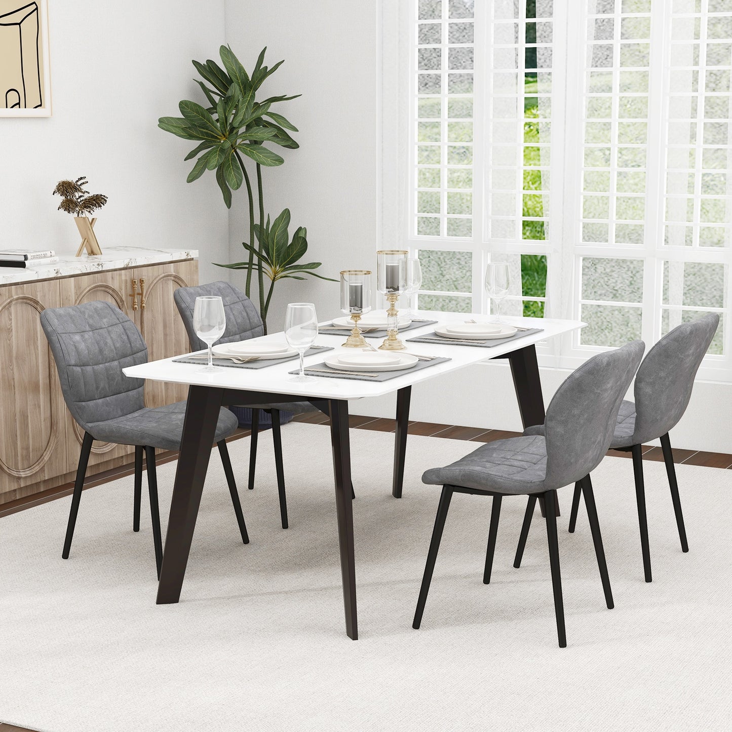Modern Dining Chairs with Padded Backrest Metal Legs and Adjustable Foot Pads in Grey Set of 2