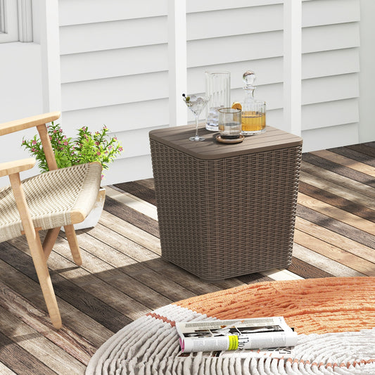 All-Weather Resin Outdoor Storage Side Table with Wicker Texture and Removable Wood-Look Lid - Brown