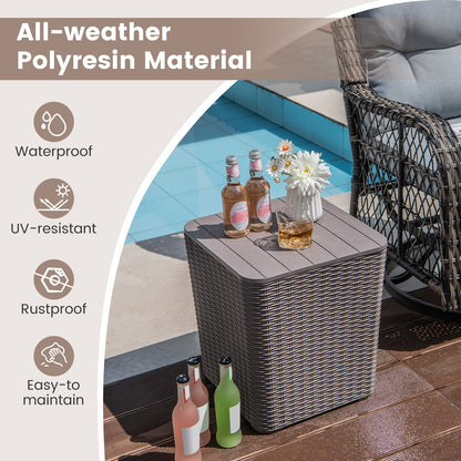 All-Weather Resin Outdoor Storage Side Table with Wicker Texture and Removable Wood-Look Lid - Brown