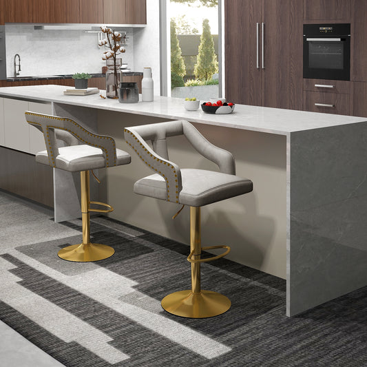 360° Swivel Luxury Velvet Bar Stools with Footrest and Metal Base, Set of 2 – Grey