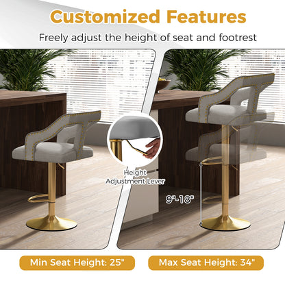 360° Swivel Luxury Velvet Bar Stools with Footrest and Metal Base, Set of 2 – Grey