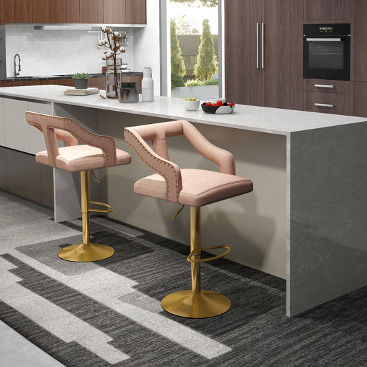 360° Swivel Luxury Velvet Bar Stools with Footrest and Metal Base, Set of 2 – Pink