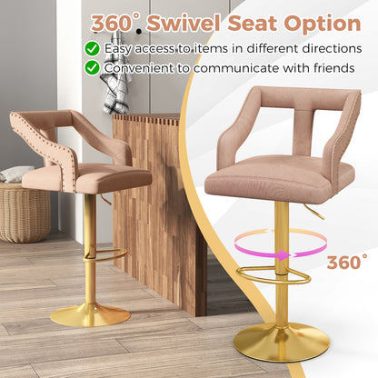360° Swivel Luxury Velvet Bar Stools with Footrest and Metal Base, Set of 2 – Pink