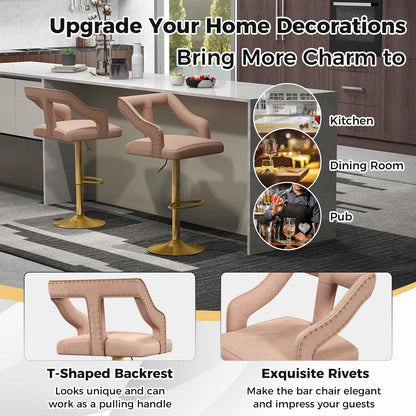 360° Swivel Luxury Velvet Bar Stools with Footrest and Metal Base, Set of 2 – Pink