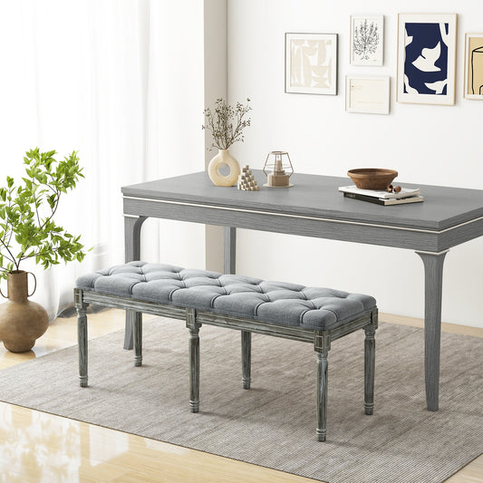 47 Inch Upholstered Tufted Entryway Bench with Carved Wood Legs and Vintage French Design, Grey