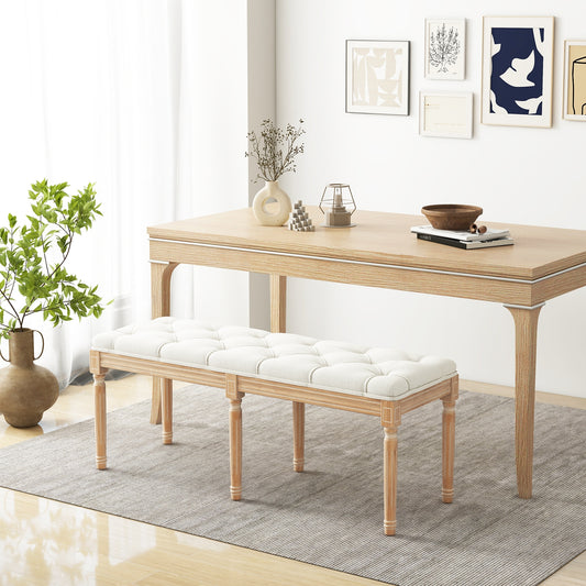 47 Inch Upholstered Tufted Entryway Bench with Carved Wood Legs and Vintage French Design, Beige