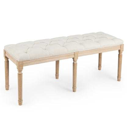 47 Inch Upholstered Tufted Entryway Bench with Carved Wood Legs and Vintage French Design, Beige