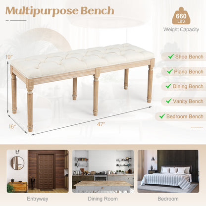 47 Inch Upholstered Tufted Entryway Bench with Carved Wood Legs and Vintage French Design, Beige