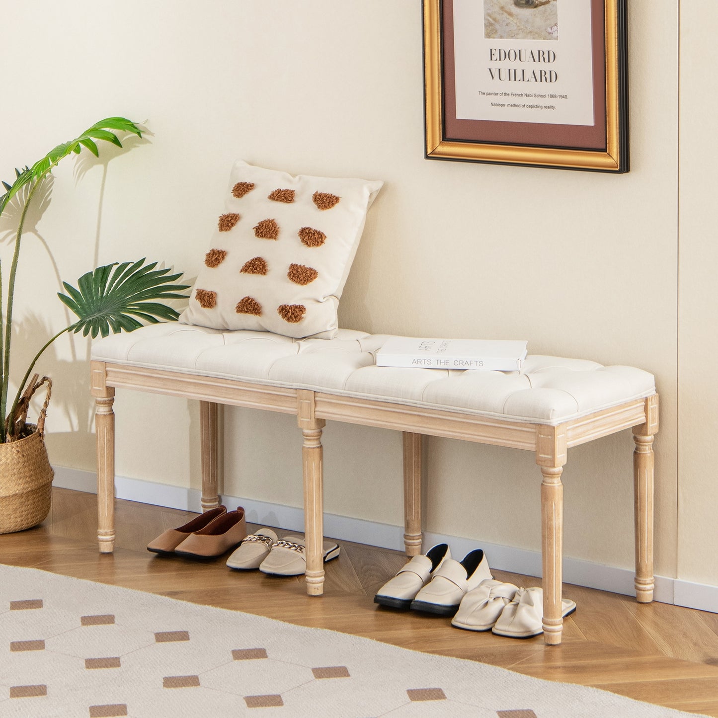 47 Inch Upholstered Tufted Entryway Bench with Carved Wood Legs and Vintage French Design, Beige