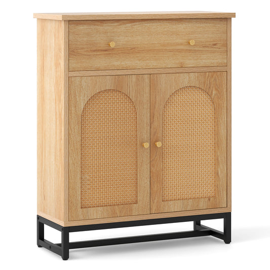 Freestanding Accent Storage Cabinet with Rattan Doors & Drawer