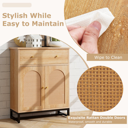 Freestanding Accent Storage Cabinet with Rattan Doors & Drawer