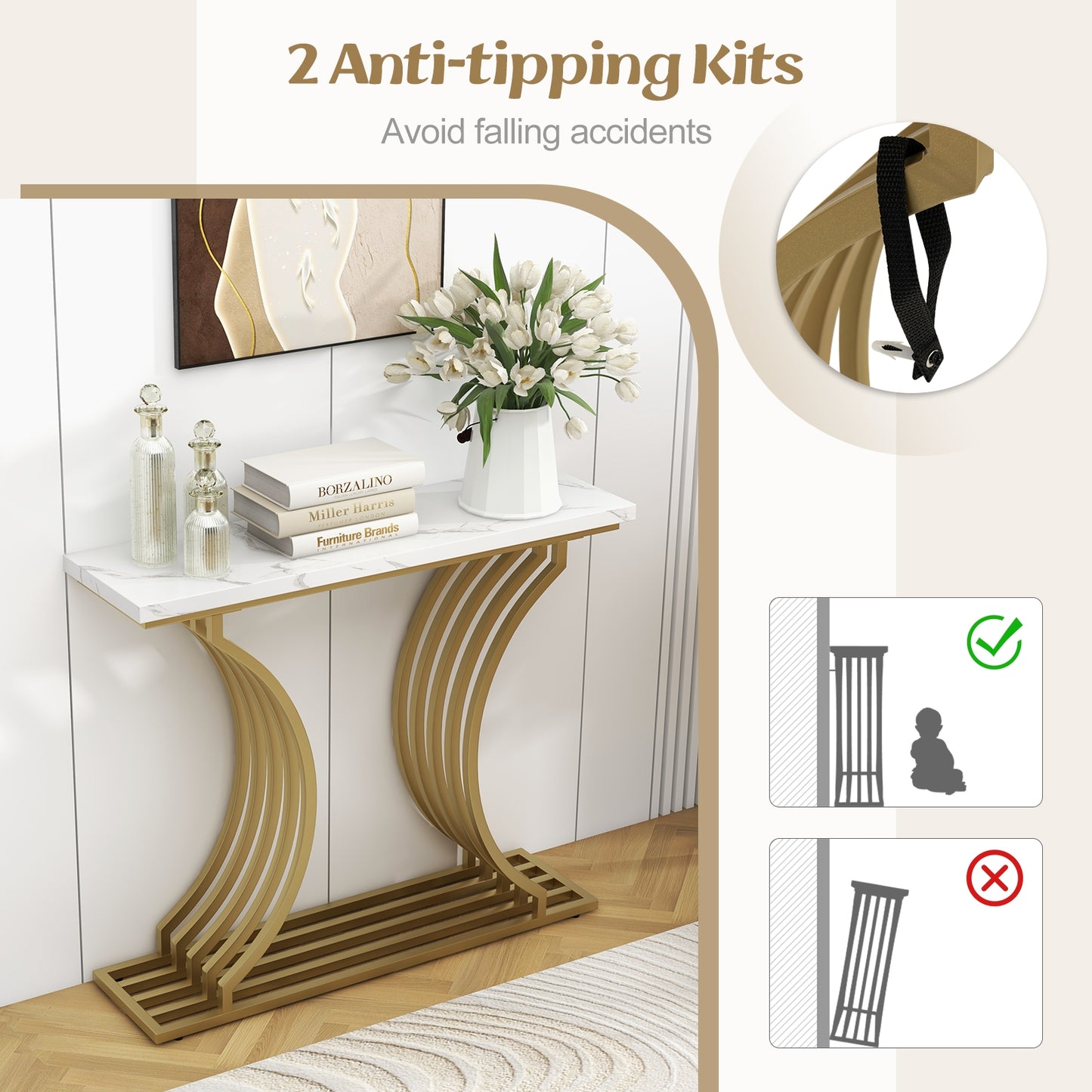 Elegant 39" Entryway Table with Faux Marble Surface and Sleek Gold Frame