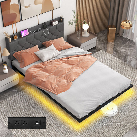 Floating LED Bed Frame with Headboard and Charging Station – Full & Queen Size