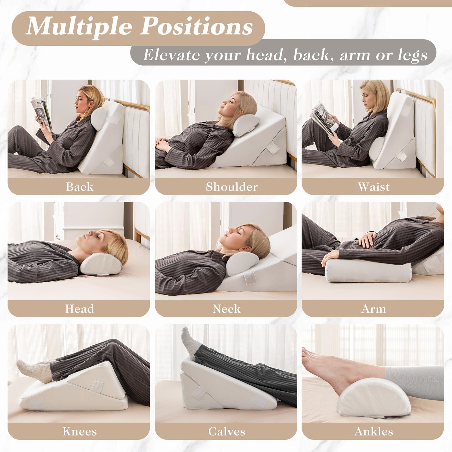 3 Piece Adjustable Bed Wedge Pillow Set with Air Memory Foam for Ultimate Comfort - Off White