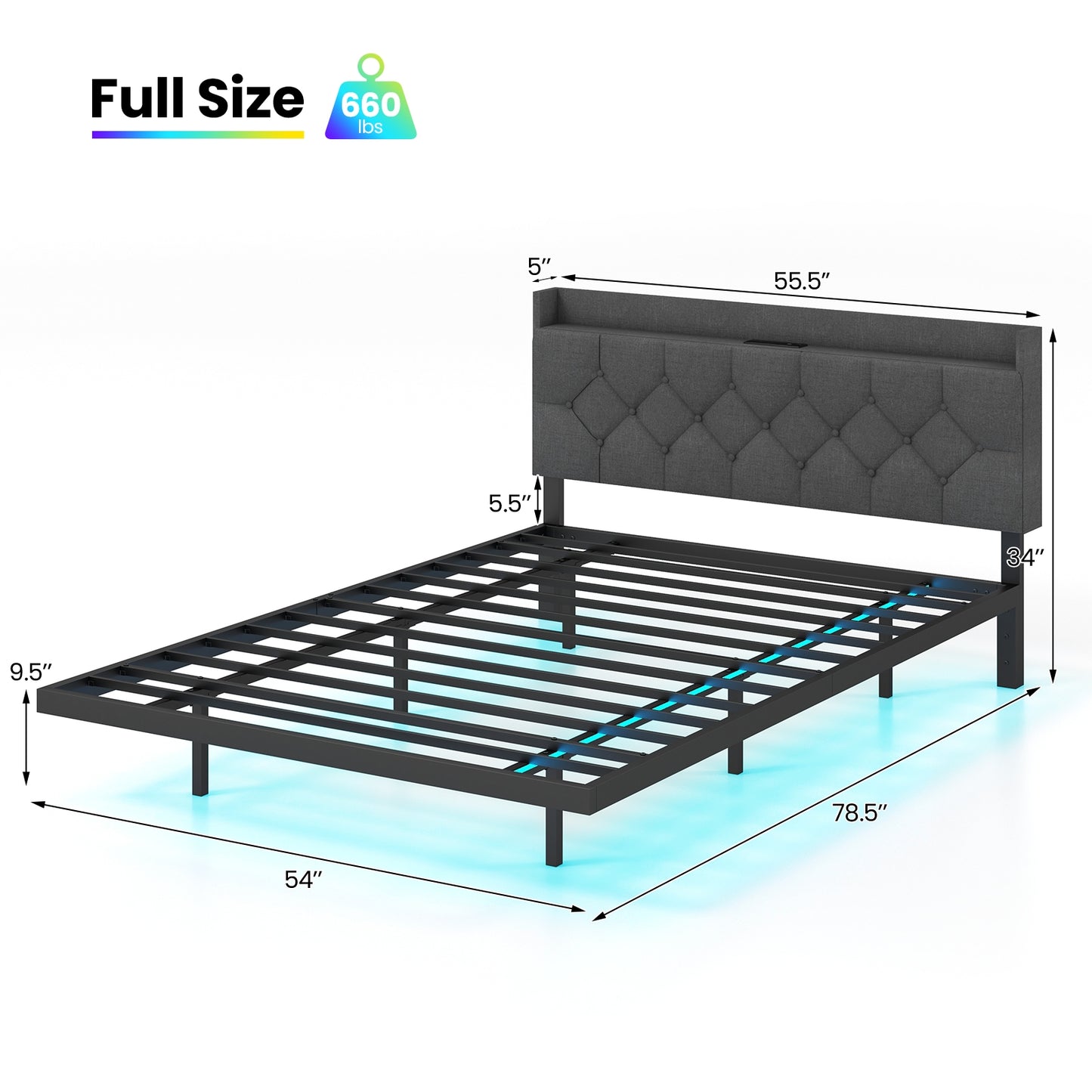 Floating LED Bed Frame with Headboard and Charging Station – Full & Queen Size