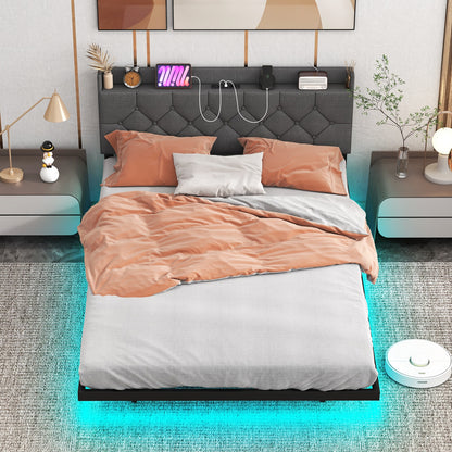 Floating LED Bed Frame with Headboard and Charging Station – Full & Queen Size