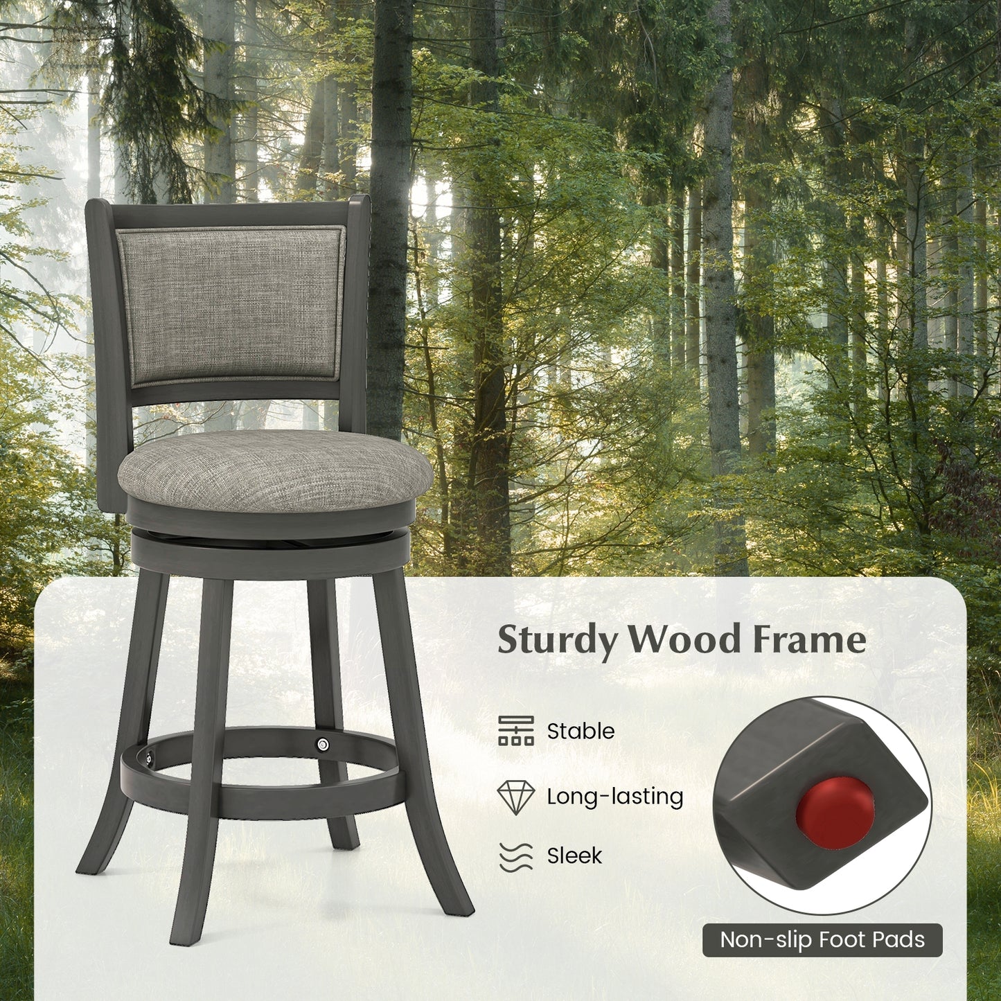 Set of 2 Swivel Bar Stools with Soft Padded Back and Seat 26.5 Inch
