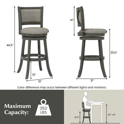 Set of 2 Swivel Bar Stools with Soft Padded Back and Seat 30.5 Inch