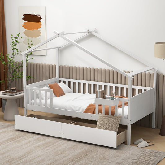 White Twin House Bed with 2 Storage Drawers, Roof, and Fence Rails