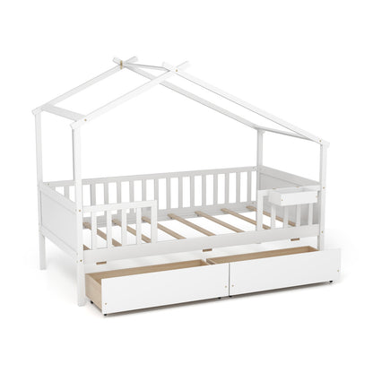 White Twin House Bed with 2 Storage Drawers, Roof, and Fence Rails