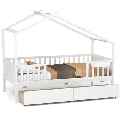 White Twin House Bed with 2 Storage Drawers, Roof, and Fence Rails