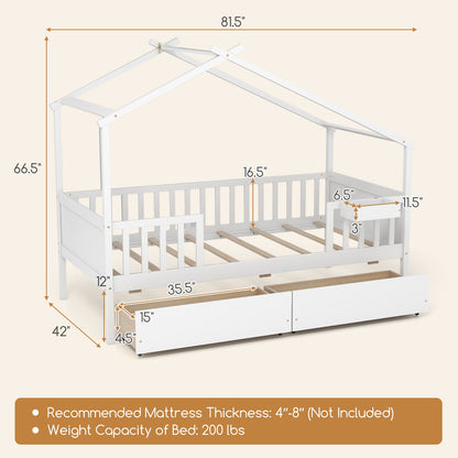 White Twin House Bed with 2 Storage Drawers, Roof, and Fence Rails