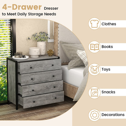 Modern 4-Drawer Wooden Dresser Chest for Bedroom, Living Room & Entryway - Grey Finish