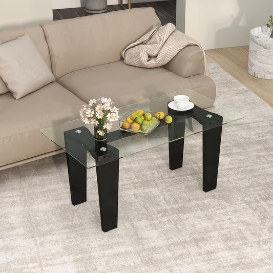 Modern Rectangular Glass Coffee Table with Solid Rubber Wood Legs and Sleek Minimalist Design