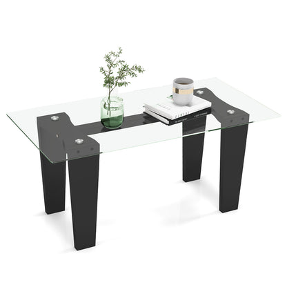Modern Rectangular Glass Coffee Table with Solid Rubber Wood Legs and Sleek Minimalist Design