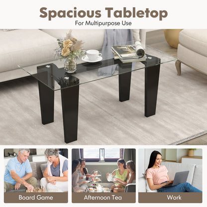 Modern Rectangular Glass Coffee Table with Solid Rubber Wood Legs and Sleek Minimalist Design