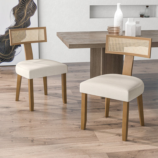 Upholstered Dining Chairs with Curved Rattan Backrests and Linen Fabric Cushions - Set of 2