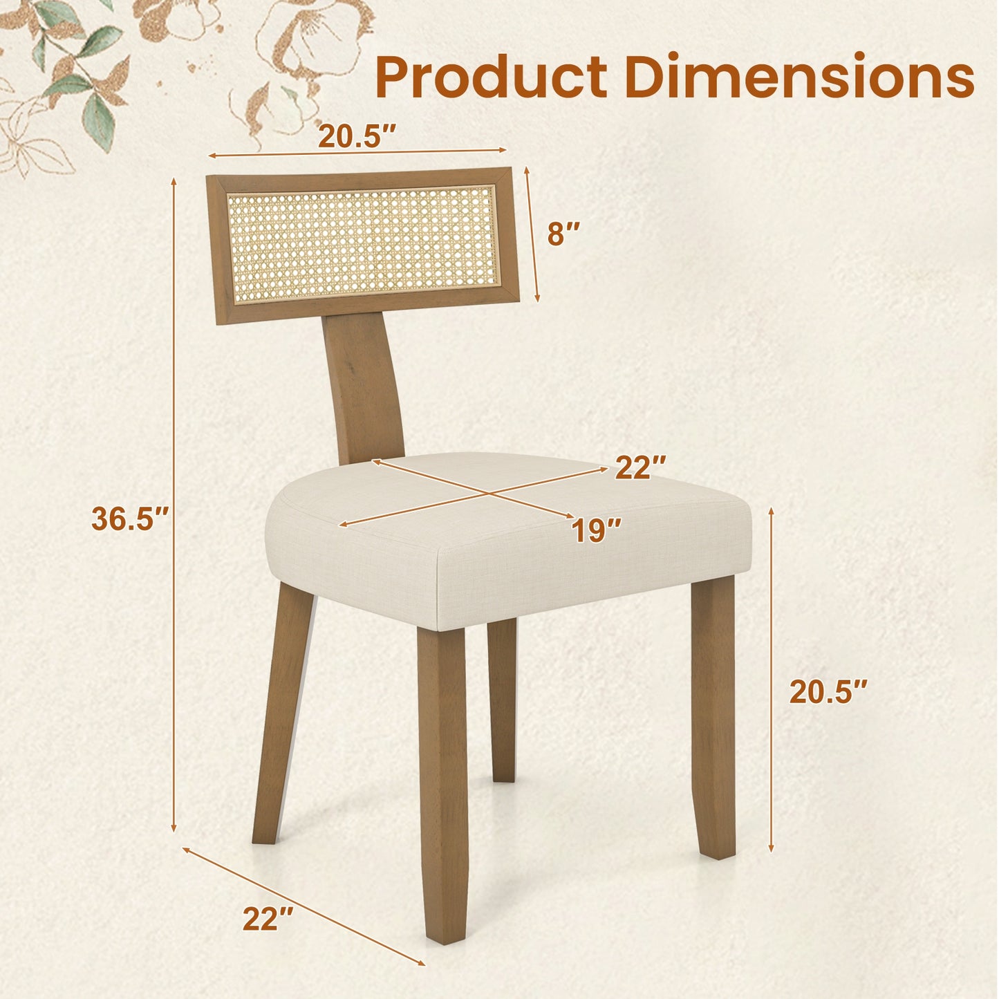 Upholstered Dining Chairs with Curved Rattan Backrests and Linen Fabric Cushions - Set of 2